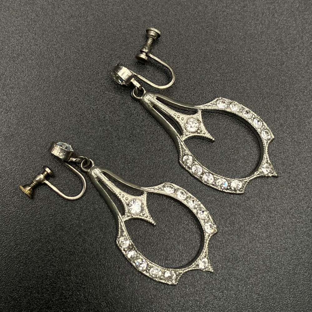 Vintage Rhinestone Art Deco Teardrop Screw Back Earrings Silver Tone 2"